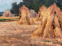 Gaston Bonfils Signed Oil Painting, Haystacks in a French Harvest Landscape, 19th Century on Wood Panel, Carved Frame