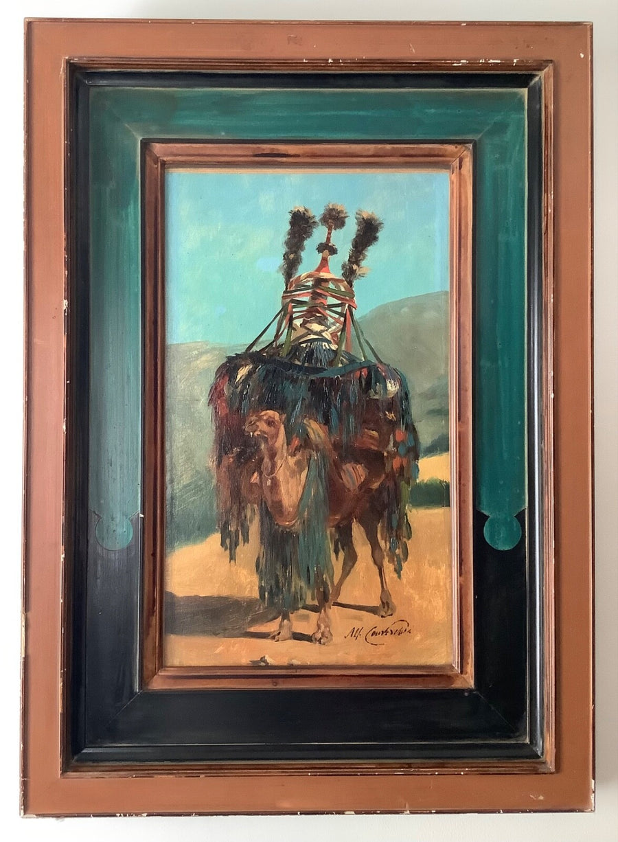 Camel in wedding trappings with a plumed litter in the desert, signed oil on canvas by Alfred Couverchel