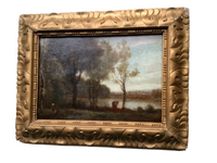 Antique Barbizon School Oil Painting, Lively Landscape With Figures by a River, 19th Century French Art on Wood Panel, Gilded Frame