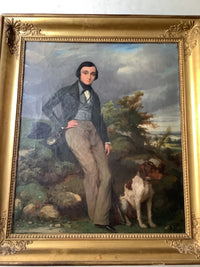 Charles Suan, Gentleman in a Landscape with His Dog, 1839, Signed French Romantic Oil on Canvas, Framed