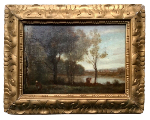 19th century Barbizon school river landscape with willows and a figure, ornate gilt frame