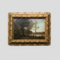Antique Barbizon School Oil Painting, Lively Landscape With Figures by a River, 19th Century French Art on Wood Panel, Gilded Frame
