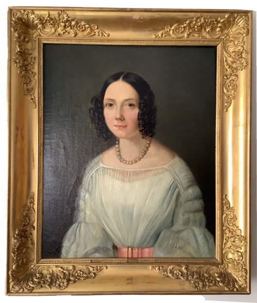 19th century portrait of a lady in a white dress with pearl necklace, ornate gilt frame