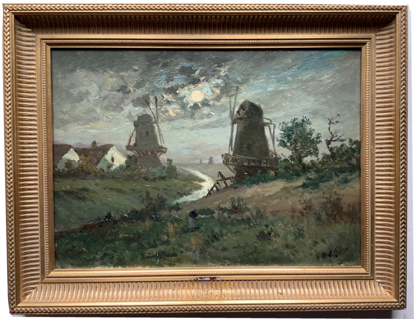 Antique Oil Painting, Moonlight Mill Landscape, Late 19th Century French Impressionist Scene on Canvas, Framed