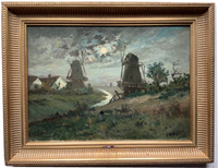 Antique Oil Painting, Moonlight Mill Landscape, Late 19th Century French Impressionist Scene on Canvas, Framed