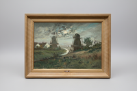 Antique Oil Painting, Moonlight Mill Landscape, Late 19th Century French Impressionist Scene on Canvas, Framed