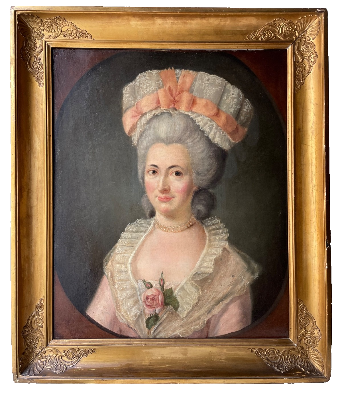 French School, Portrait of a Woman with Hat, 18th Century Oil Painting, Framed