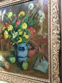 Andre Charigny (1902-2000), Still Life with Flowers and Apple, Signed Oil on Wood Panel, Framed