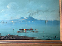 Victor Philipsen (1841-1907), View of Vesuvius from the Bay of Naples, Signed Oil on Wood Panel, Framed
