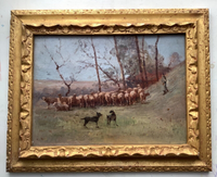 French Impressionist Oil Painting, Shepherd with Sheep in a Winter Landscape, Early 20th Century on Wood Panel, Gilded Frame