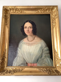 19th Century French Realist Oil Portrait of a Woman with a Pearl Necklace, Framed, Oil on Canvas