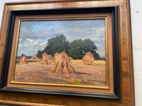 Gaston Bonfils Signed Oil Painting, Haystacks in a French Harvest Landscape, 19th Century on Wood Panel, Carved Frame