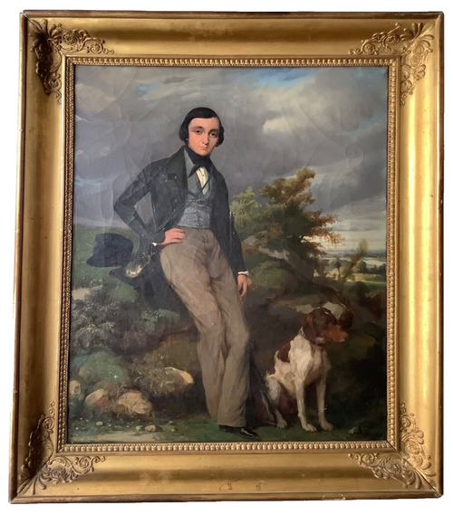 Signed 1839 French portrait of a gentleman with his gun and dog in a landscape, oil on canvas in gilt frame