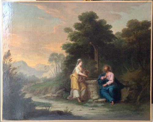 Large antique 18th century French oil on canvas, Christ and the Samaritan woman at the well, unframed