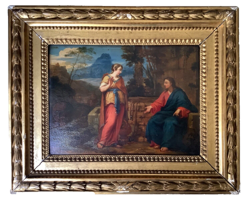 Antique 17th century oil on wood panel, Christ and the Samaritan woman at the well, in period gilt frame