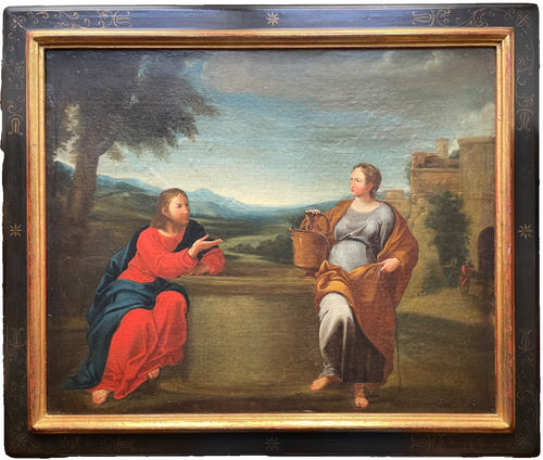 Christ and the Samaritan woman at the well, 17th century Old Master oil on canvas in an ebonised frame with gilt scrollwork