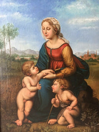 Madonna and Child with St. John the Baptist, After Raphael Sanzio, 19th Century Oil on Canvas, Framed
