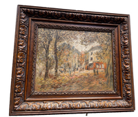 Paul Flaubert (1898-1980) Signed Oil Painting, Town Square with Autumn Trees, French Post-War Impressionist on Wood Panel, Framed