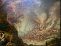 The Fire of Sodom, Lot and His Daughters, Flemish Old Master Oil on Panel, Close to Gillis Mostaert, Framed