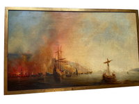 Attributed to Theodore Gudin (1802-1880), Fire by the Coast, Oil on Canvas Study, 19th Century, Framed