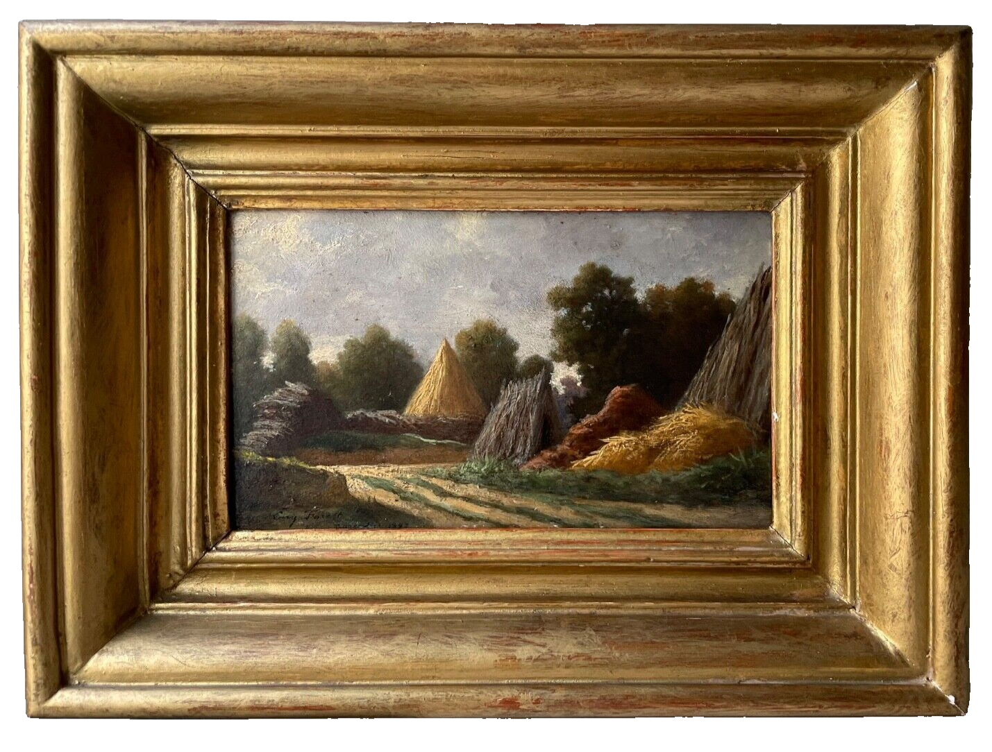 Eugene Forest, Haystacks Landscape 1882, signed Barbizon School oil on wood panel, available at GalerieClub Fine Art