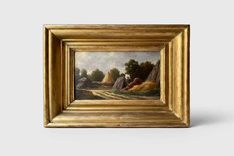 Eugene Forest (1808-1891) Signed Oil Painting, Haystacks Landscape 1882, French Barbizon School on Wood Panel, Gilded Frame