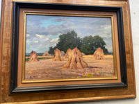 Gaston Bonfils Signed Oil Painting, Haystacks in a French Harvest Landscape, 19th Century on Wood Panel, Carved Frame