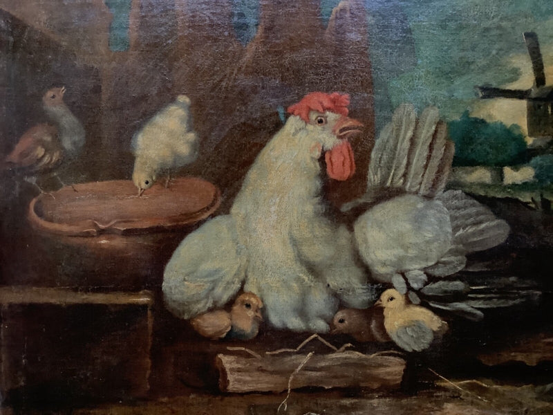 Follower of Frans Snyders (1579-1657), Hen and Chicks in a Landscape with Windmill, Oil on Canvas, Circa 1700, Framed