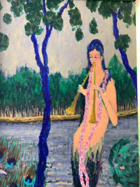 Ramon Dilley (b. 1932), Woman Playing Music with Peacock, Signed Oil on Canvas, 1996, Framed