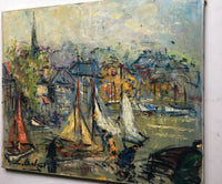 Georges Berger (1908-1976), Port of Honfleur with Boats, Signed Oil on Canvas, Unframed