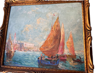 Pierre Forest (1881-1971), Sailing Ships in Venice, Signed Oil on Cardboard, Framed