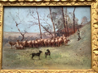 French Impressionist Oil Painting, Shepherd with Sheep in a Winter Landscape, Early 20th Century on Wood Panel, Gilded Frame