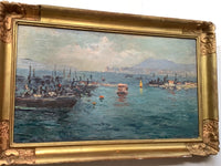 French School, Seascape with Harbor and Ships, Oil on Canvas, Early 20th Century, Framed