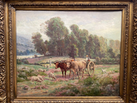 Signed Oil Painting by Desvarreux-Larpenteur, Farmers with Cows and Sheep in a Forest, 1890s Original