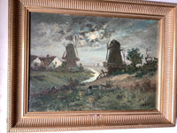 Antique Oil Painting, Moonlight Mill Landscape, Late 19th Century French Impressionist Scene on Canvas, Framed