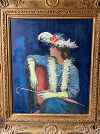 Andre Chochon (1910-2005), Portrait of a Woman with Yellow Gloves, Signed French Impressionist Oil on Canvas, 1960s, Framed
