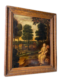 17th Century French Oil on Panel, Allegory of Autumn, Young Woman in Rural Harvest Scene, Baroque Original, Framed