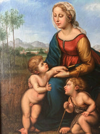 Madonna and Child with St. John the Baptist, After Raphael Sanzio, 19th Century Oil on Canvas, Framed