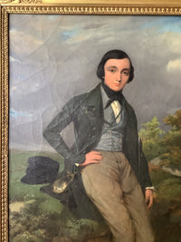 Charles Suan, Gentleman in a Landscape with His Dog, 1839, Signed French Romantic Oil on Canvas, Framed
