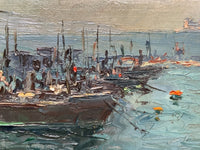 French School, Seascape with Harbor and Ships, Oil on Canvas, Early 20th Century, Framed