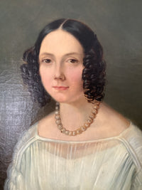 19th Century French Realist Oil Portrait of a Woman with a Pearl Necklace, Framed, Oil on Canvas