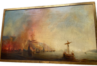 Attributed to Theodore Gudin (1802-1880), Fire by the Coast, Oil on Canvas Study, 19th Century, Framed