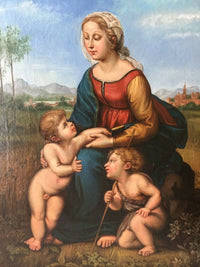 Madonna and Child with St. John the Baptist, After Raphael Sanzio, 19th Century Oil on Canvas, Framed