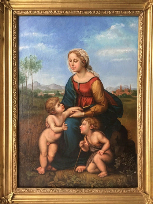 Antique 19th century oil on canvas after Raphael, the Madonna and Child with Saint John, in period gilt frame