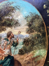 17th FLEMISH SCHOOL Brueghel The Flight to Egypt with Floral Garland, Flemish Oil on Panel, Circle of Jan Peeter Brueghel, Framed EGYPT Holy Family GARLAND Rare Antique Oil