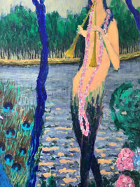 Ramon Dilley (b. 1932), Woman Playing Music with Peacock, Signed Oil on Canvas, 1996, Framed