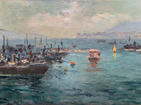 French School, Seascape with Harbor and Ships, Oil on Canvas, Early 20th Century, Framed