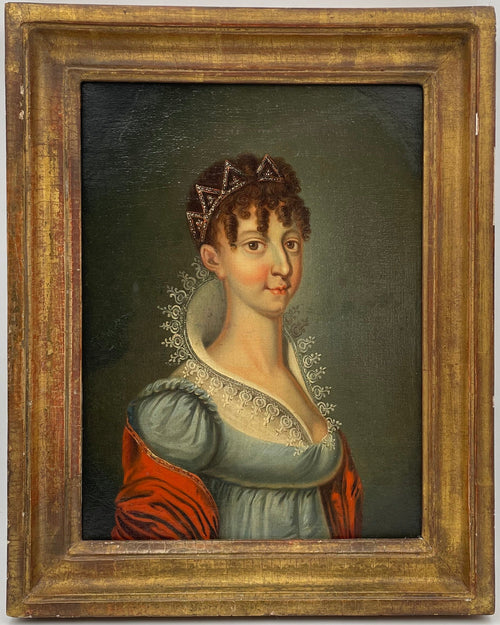 Habsburg portrait of a lady with jeweled tiara and red shawl, early 19th century oil in gilt frame