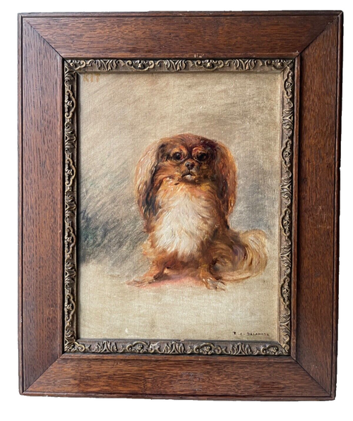 Signed 19th century French portrait of a Pekingese dog named Kit, oil on panel in oak frame