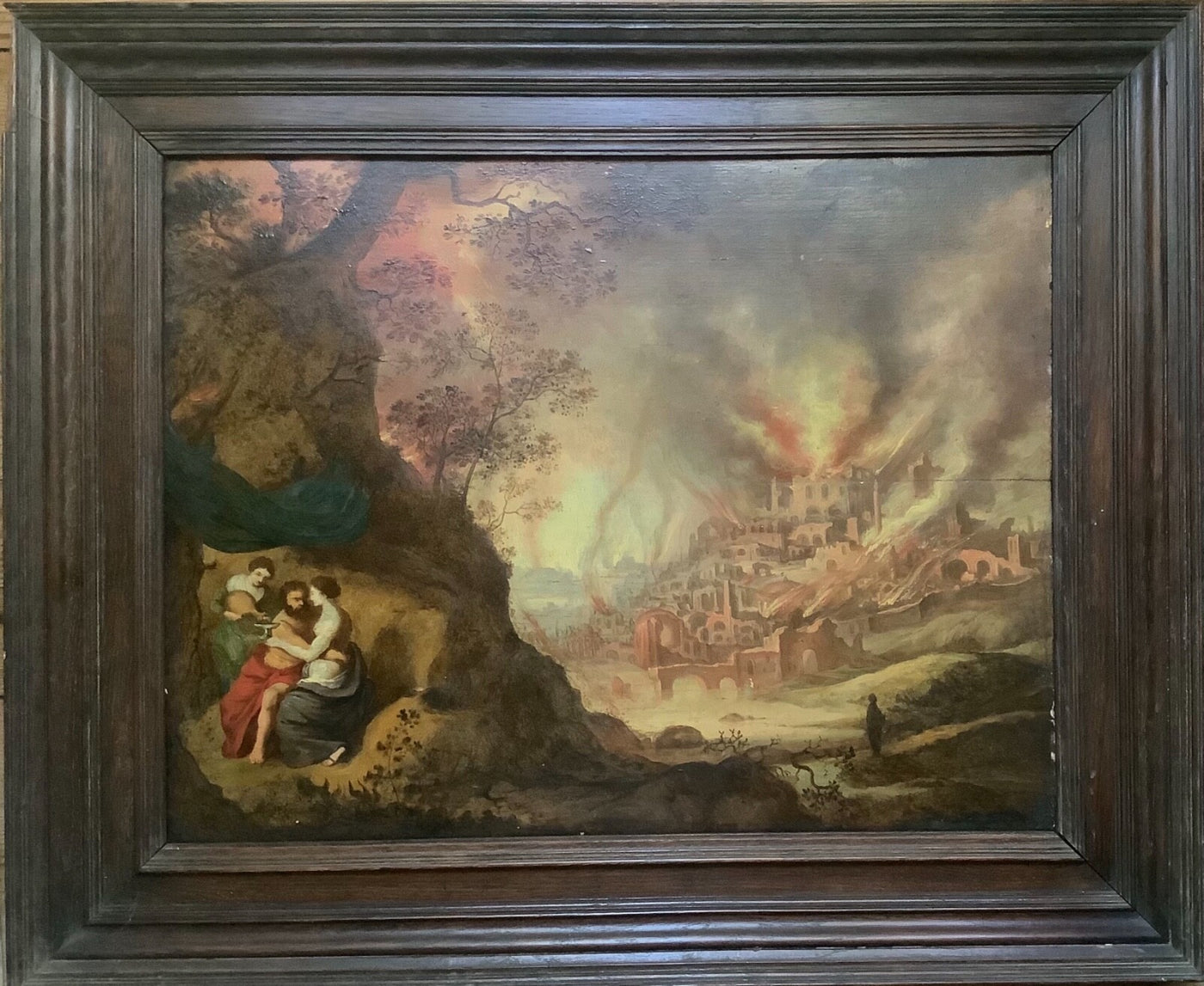 The Fire of Sodom, Lot and His Daughters, Flemish Old Master Oil on Panel, Close to Gillis Mostaert, Framed